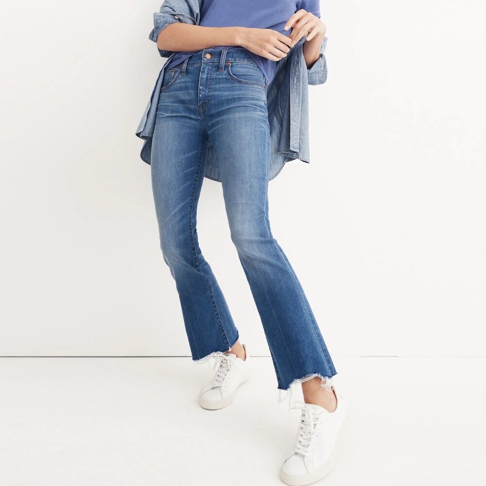 👖 Madewell Cali Demi Boot Jeans | Sz 32P | Frayed Hem Stretch Denim | Signature